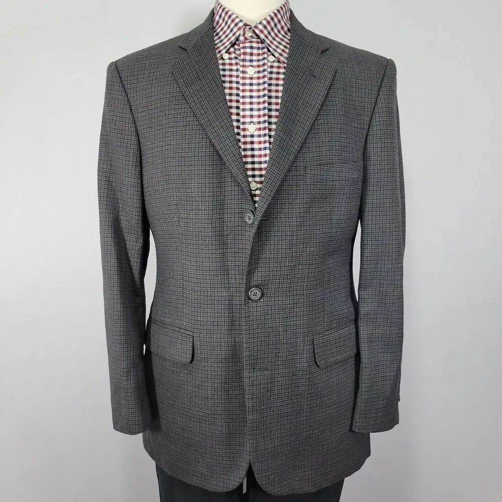 Safford Executive Men's Sport Coat Blazer Three Button Houndstooth Gray Wool 40R